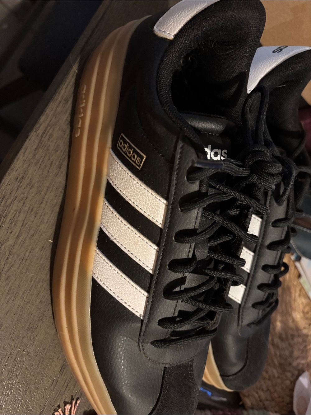 adidas Women’s Black Sneakers with White Stripes and Gum Sole - Picture 4 of 5